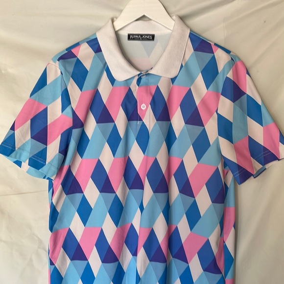 PJ PAUL JONES Mens Geometric Polo Shirt Multi-Color Casual Golf Tee Size Medium - Picture 1 of 7